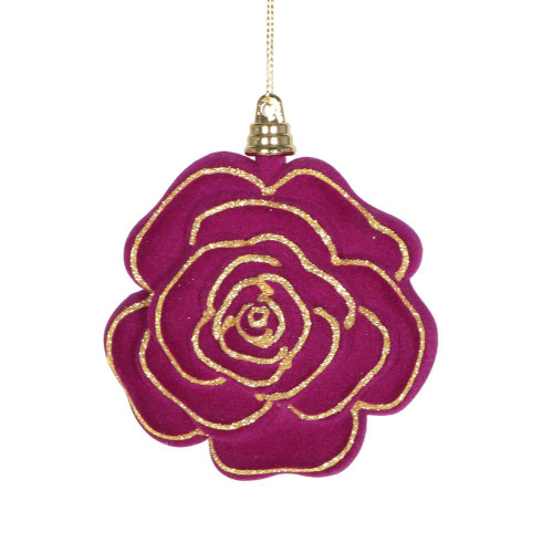 Vickerman MT229365 - 4 inch Dark Purple Glitter Flower Christmas Ornament - 4 Pack