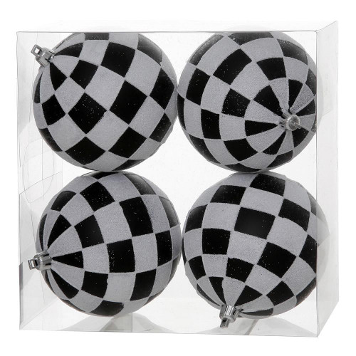 Vickerman N142077 4" Black-White Check Glitter Ball 4/Box