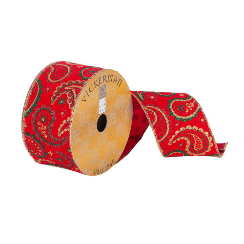 Vickerman Q180680 - Red / Green Gold Glitter Paisley Wired Decorative Ribbon - 2.5" x 10 Yards