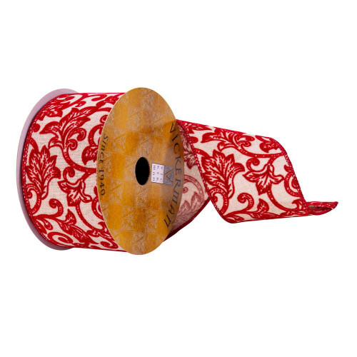 Vickerman Q214855 - Cream / Red Filigree Wired Decorative Ribbon - 2.5" x 10 Yards