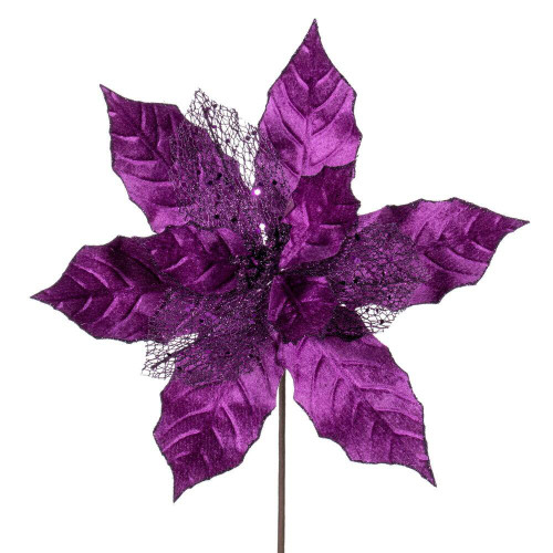 Vickerman QG227926 - 11 in. Plum Glitter Mesh Poinsettia Artificial Spray - 6 Pack