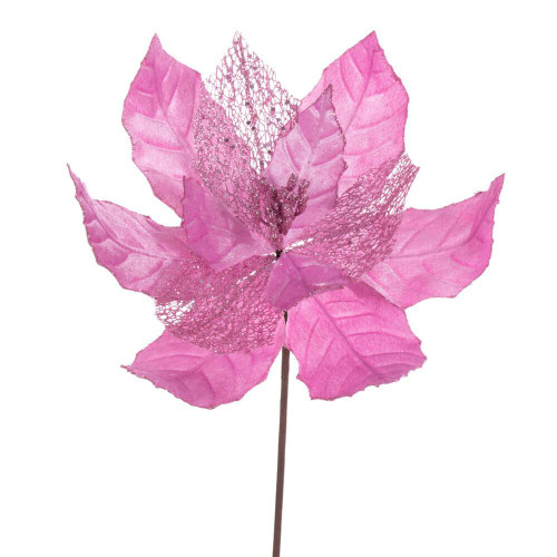 Vickerman QG227979 - 11 in. Pink Glitter Mesh Poinsettia Artificial Spray - 6 Pack