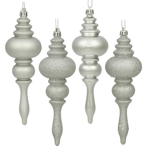 Vickerman N500207 - 7 inch Silver 4-Finish Finial Christmas Ornament - 8 Pack