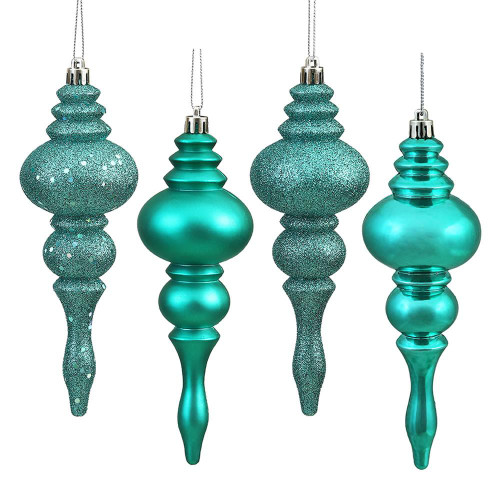 Vickerman N500242 - 7 inch Teal 4-Finish Finial Christmas Ornament - 8 Pack