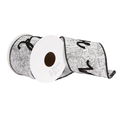 Vickerman QR221445 - White World Map Flocked Wired Decorative Ribbon - 4" x 5 Yards