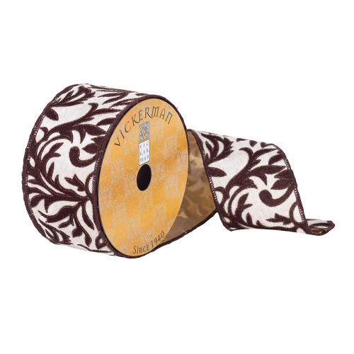 Vickerman Q180215 - Ivory / Brown Dark Herati Wired Decorative Ribbon - 2.5" x 10 Yards