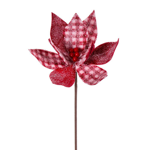 Vickerman RG222103 - 21 in. Red White Frosted Buffalo Check Velvet Poinsettia Artificial Spray