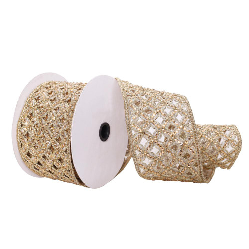 Vickerman Q221745 - Gold Jewels Cut Out Wired Decorative Ribbon - 3.5" x 5 Yards