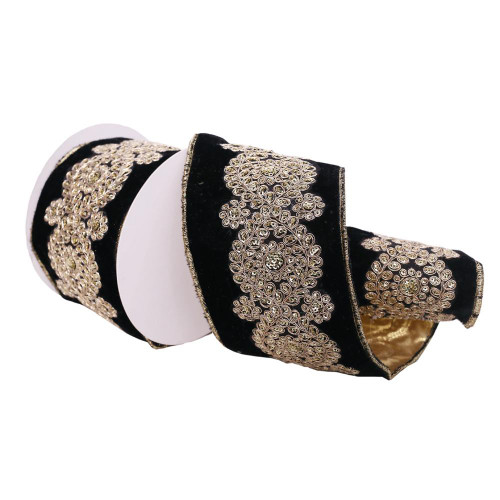 Vickerman Q222316 - Black / Gold Velvet Sequin Wired Decorative Ribbon - 4" x 5 Yards