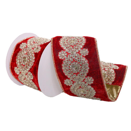 Vickerman Q222319 - Red / Gold Velvet Sequin Wired Decorative Ribbon - 4" x 5 Yards