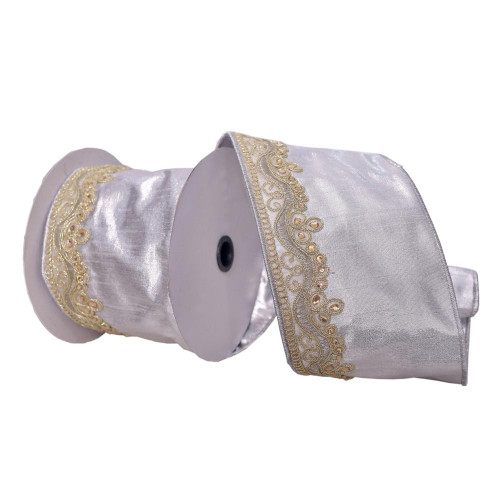Vickerman Q222525 - Silver / Gold with Embroider Wired Decorative Ribbon - 4" x 5 Yards