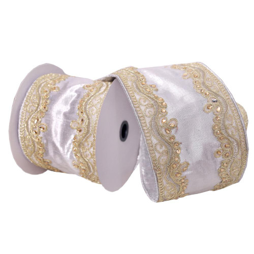 Vickerman Q222534 - Silver / Gold with Embroider Wired Decorative Ribbon - 4" x 5 Yards