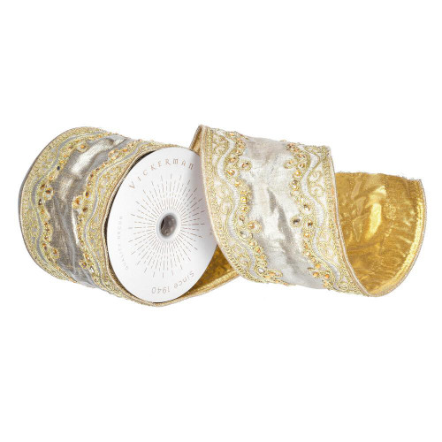 Vickerman Q222537 - Champagne / Gold Embroidery Wired Decorative Ribbon - 4" x 5 Yards