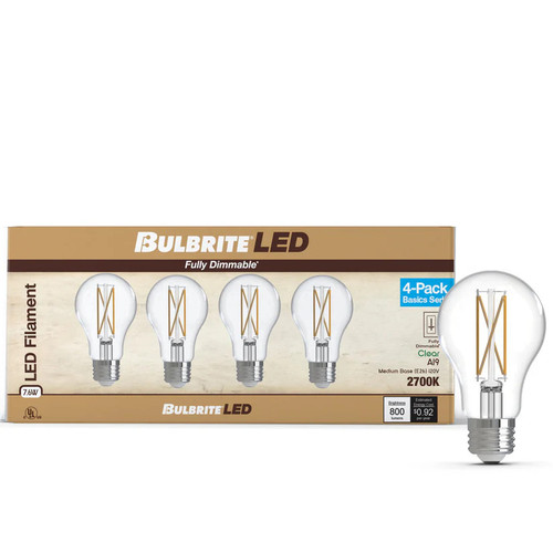 Bulbrite 776226 - Decorative Clear Filament A19 Bulb - 7W - 2700K - Dimmable 4 Pack 