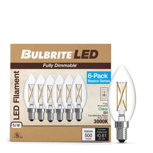 Bulbrite 776233 - LED B11 Filament Bulb - 3000K - 6 Pack