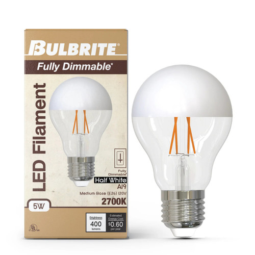 Bulbrite 776837 - Half White 5W LED A19 Filament Bulb - 2700K -  Dimmable - 90 CRI