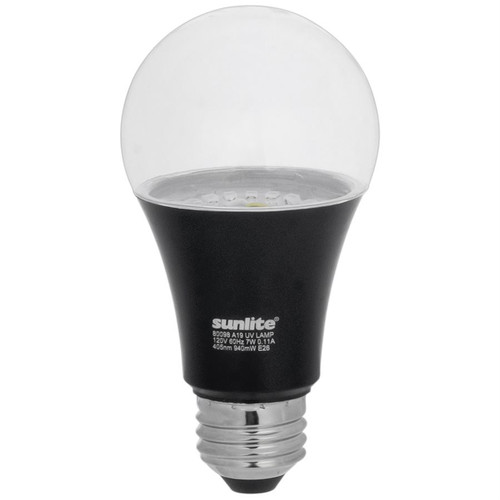 Sunlite 80098-SU - A19 LED Black Light Bulb - 7W - E26 Base - 390-405nm 