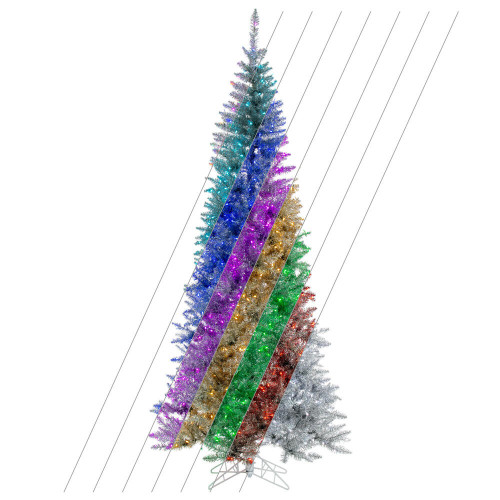 Vickerman K247581LED - 9 ft Silver Tinsel Pencil Prelit RGB Color Changing LED Christmas Tree