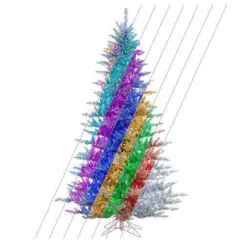 Vickerman K247676LED - 7.5 ft Silver Tinsel Pencil Prelit RGB Color Changing LED Christmas Tree