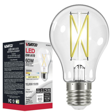 Satco S12415 - 8A19/CL/LED/E26/930/120V - LED Filament Bulb - 3000K