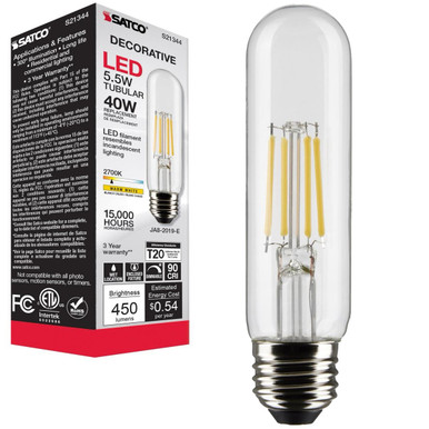 Satco S21344 - 5.5T10/LED/CL/927/120V/E26 - T10 LED Filament Bulb - 2700K