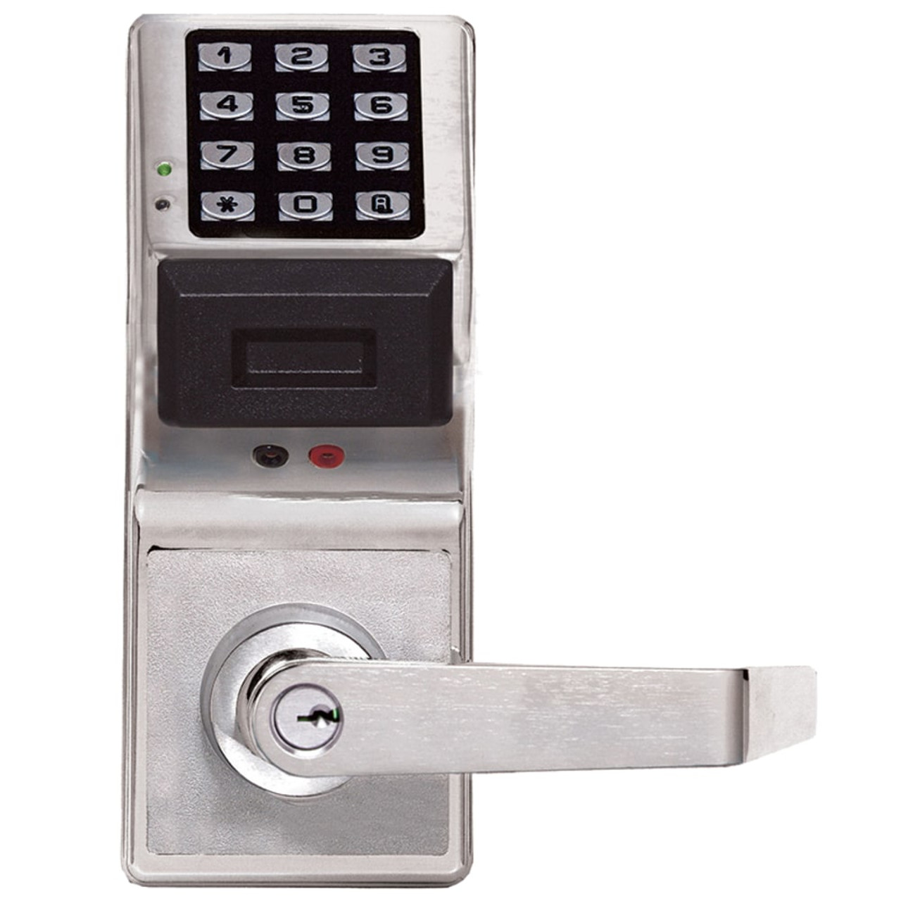 Alarm Lock PDL4100 US26D Pushbutton Cylindrical Door Lock with Prox Reader  2000 Users 40000 Event Audit Trail Weatherproof Straight Lever Satin Chrome  B and H Depot Door Hardware Shop