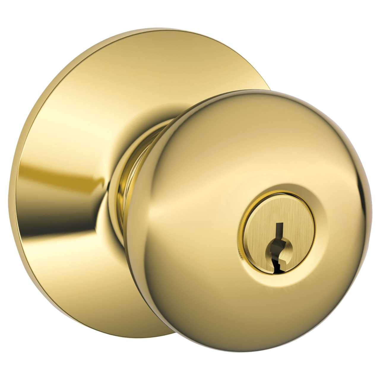 Schlage Residential F51A PLY 505 KA4 Grade Entry Lock Plymouth Knob  Conventional Cylinder Keyed Alike Lifetime Bright Brass Finish Not Handed  B and H Depot Door Hardware Shop