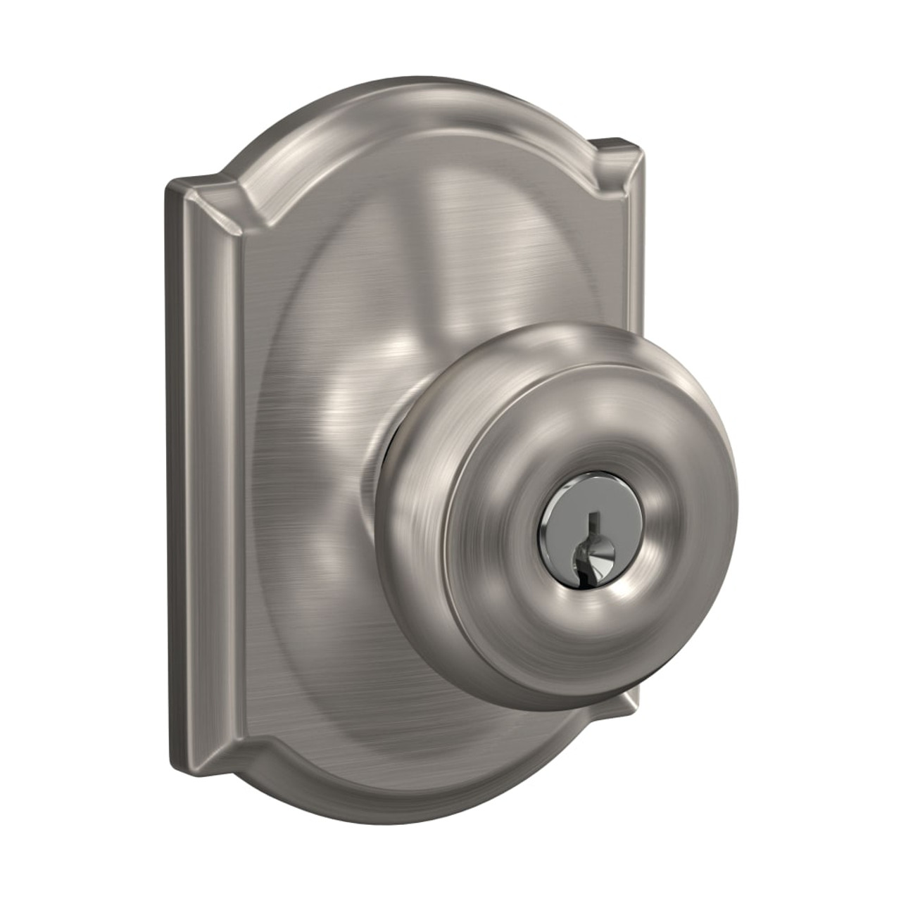 Schlage Residential F51A GEO 619 CAM KD Grade Entry Lock Georgian Knob  Conventional Cylinder Keyed Different Satin Nickel Plated Clear Coated  Finish Camelot Rose Not Handed B and H Depot