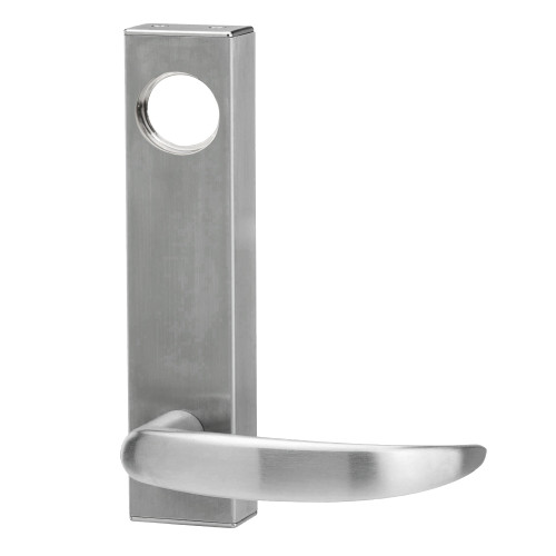 The Adams Rite 3080-01-0-3U-US32D Entry Trim features a satin stainless steel finish with a curved lever design and a cylinder hole, suitable for commercial exit devices