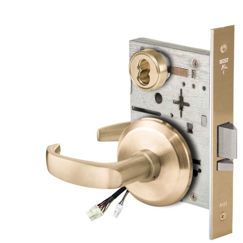 BEST 45HW7DEU14S606RQE Fail Secure 24V Electrified Mortise Lock 14 Lever S Rose Request to Exit Satin Brass