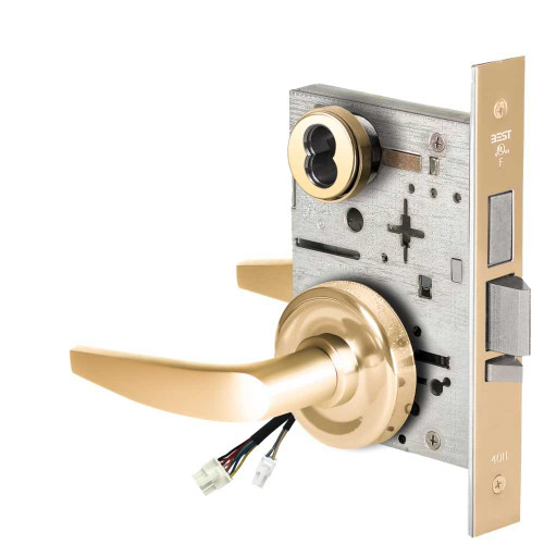 BEST 45HW7TDEU16R60512V Fail Secure 12V With Deadbolt Electrified Mortise Lock 16 Lever R Rose Bright Brass 45HW7TDEU16R60512V
