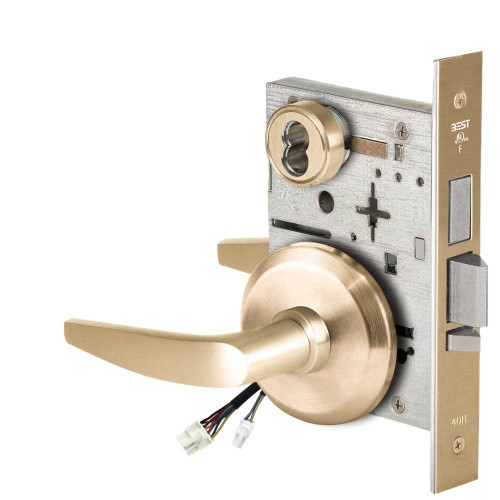 BEST 45HW7TDEU16S606RQE Fail Secure 24V With Deadbolt Electrified Mortise Lock 16 Lever S Rose Request to Exit Satin Brass 45HW7TDEU16S606RQE