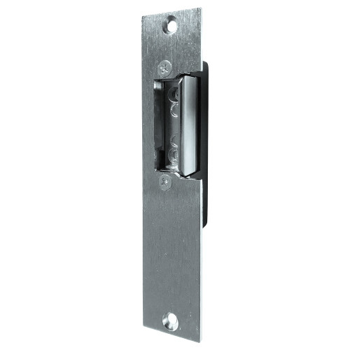 The Trine 2001C-6-14AC/DC electric strike features a satin chrome finish, measuring 5-7/8 x 1-1/4 inches, designed for commercial use with a fail-secure mode