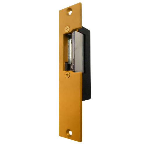 The Trine 2001-24DC Electric Strike features a satin brass painted finish with a compact design, measuring 5-7/8 x 1-1/4 inches, ideal for commercial use