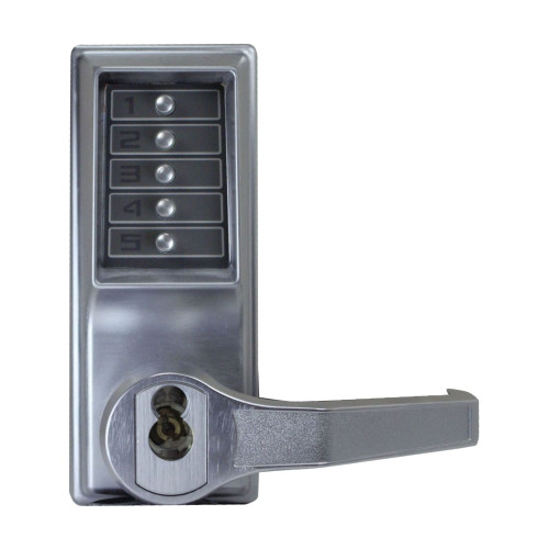 Kaba Simplex LR1025B-26D-41 Pushbutton Cylindrical Lever Lock Combination Entry Function with Key Override 2-3/4 Backset 3/4 Throw Latch 6/7-Pin SFIC Prep Less Core Satin Chrome Finish Right Hand/Right Hand Reverse
