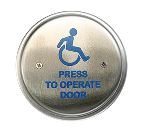MS Sedco 59R4-HSS 59R4 Series Door Activation Switch Stainless Steel Face Plate 4-1/2 Round Stainless Steel Switch WHEELCHAIR/PRESS TO OPERATE DOOR