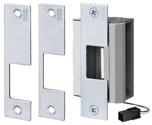 SDC 55-ABCU Uniflex Grade 1 Heavy Duty Electric Strike 12/24VDC Field Reversible Failsafe/Failsecure Strike Body and Three Faceplates for Use with Multiple Applications Satin Stainless Steel 55-ABCU