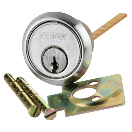 Schlage 20-022 F 626 Rim Cylinder 6-pin F Keyway Keyed Different Horizontal Tailpiece Cam 2 Keys Satin Chrome Finish Non-handed 20-022 F 626