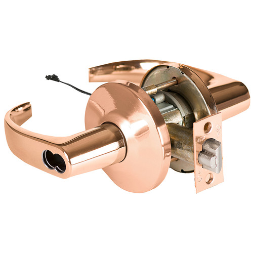 BEST 9KW47DEU14LSTK611 Grade 1 Electric Cylindrical Lock Electronically Unlocked 3-3/4 Backset Fail Secure 24VDC 14L Design Bright Bronze