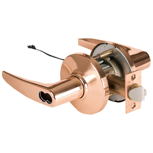 BEST 9KW37DEU16DSTK611RQE Grade 1 Electric Cylindrical Lock Electronically Unlocked 2-3/4 Backset Fail Secure 24VDC 16D Design Request to Exit Bright Bronze