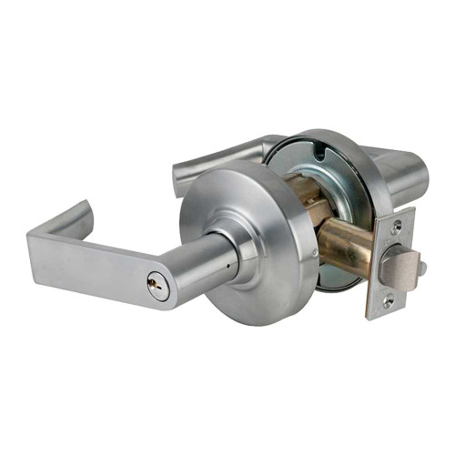 ACSI ACND80PDEU RHO 626 24V RX Grade 1 Electric Cylindrical Lock Storeroom Electrical Fail Secure Function Request to Exit Switch 24VAC/DC 2-3/4 Backset Rhodes Lever 3-7/16 Diameter Rose C Keyway Key in Lever Cylinder Satin Chrome Finish Non-Handed ACND80PDEU RHO 626 24V RX