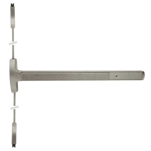 Falcon MEL-24-V-NL 3 32D LHR Grade 1 Surface Vertical Rod Exit Bar Narrow Stile Pushpad 3' Door Width 84 Door Height Night Latch Function Tubular Pull Electric Latch Retraction Hex Key Dogging Satin Stainless Steel Finish Left Hand Reverse