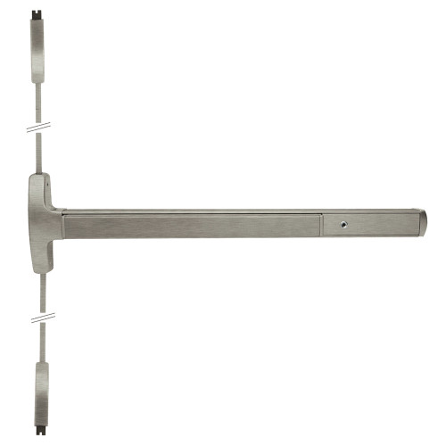 Falcon MELRXF-24-V-EO 4 32D Grade 1 Surface Vertical Rod Exit Bar Narrow Stile Pushpad 4' Door Width 84 Door Height Exit Only Electric Latch Retraction Request to Exit Switch Hex Key Dogging Satin Stainless Steel Finish 