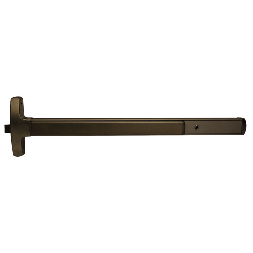 Falcon MELRX24-R-L-NL-Q 3 643E RHR Grade 1 Rim Exit Bar Narrow Stile Pushpad 3' Door Width Night Latch Function Quantum Lever with Escutcheon Electric Latch Retraction Request to Exit Switch Hex Key Dogging Aged Bronze Finish Right Hand Reverse