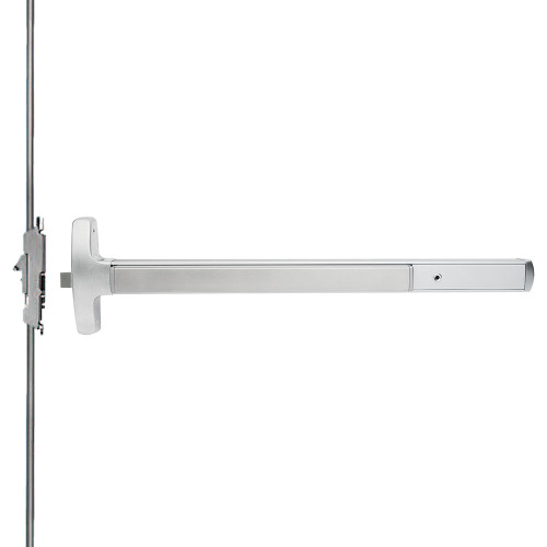 Falcon MEL-24-C-L-BE-D 4 26 RHR Grade 1 Concealed Vertical Rod Exit Bar Narrow Stile Pushpad 4' Door Width 84 Door Height Passage Function Dane Lever with Escutcheon Electric Latch Retraction Hex Key Dogging Bright Chrome Finish Right Hand Reverse