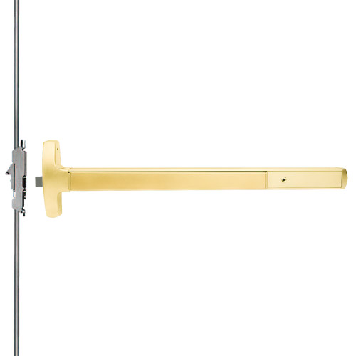 Falcon MEL-24-C-L-NL-S 3 US3 LHR Grade 1 Concealed Vertical Rod Exit Bar Narrow Stile Pushpad 3' Door Width 84 Door Height Night Latch Function Sutro Lever with Escutcheon Electric Latch Retraction Less Dogging Bright Brass Finish Left Hand Reverse