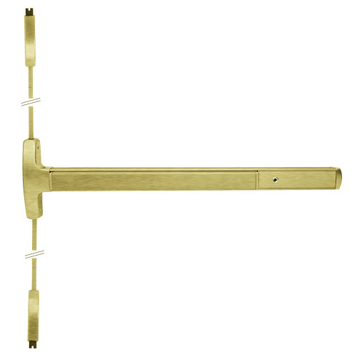 Falcon MEL-24-V-L-NL-Q 3 US4 RHR Grade 1 Surface Vertical Rod Exit Bar Narrow Stile Pushpad 3' Door Width 84 Door Height Night Latch Function Quantum Lever with Escutcheon Electric Latch Retraction Less Dogging Satin Brass Finish Right Hand Reverse