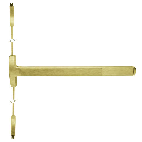 Falcon MEL-24-V-L-NL-Q 3 US4 RHR Grade 1 Surface Vertical Rod Exit Bar Narrow Stile Pushpad 3' Door Width 84 Door Height Night Latch Function Quantum Lever with Escutcheon Electric Latch Retraction Less Dogging Satin Brass Finish Right Hand Reverse MEL-24-V-L-NL-Q 3 US4 RHR