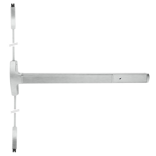 Falcon MEL-24-V-L-Q 4 26 LHR Grade 1 Surface Vertical Rod Exit Bar Narrow Stile Pushpad 4' Door Width 84 Door Height Classroom Function Quantum Lever with Escutcheon Electric Latch Retraction Hex Key Dogging Bright Chrome Finish Left Hand Reverse