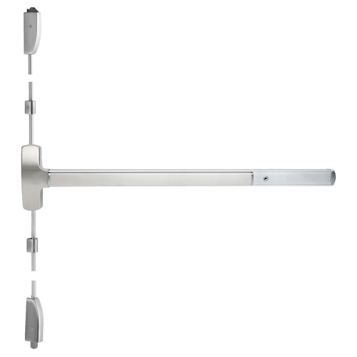 Falcon MEL25-V-NL 4 32D Grade 1 Surface Vertical Rod Exit Bar Wide Stile Pushpad 48 Device 84 Door Height Night Latch Function Escutcheon Pull Motorized Latch Retraction Less Dogging Satin Stainless Steel Finish Field Reversible